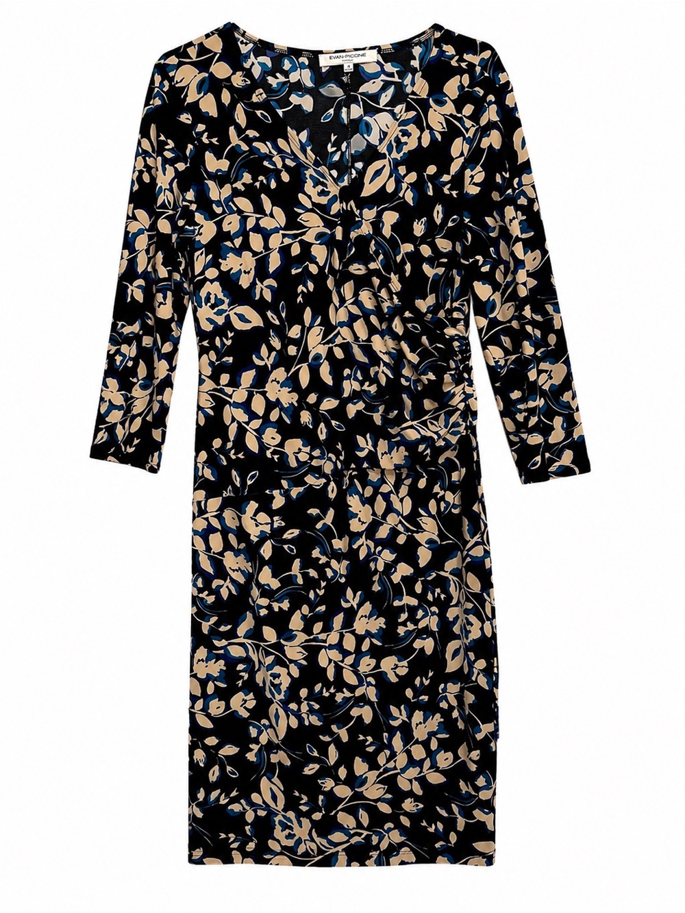 Evan Picone Black Floral Wrap-Effect Dress with Beige and Blue Accents